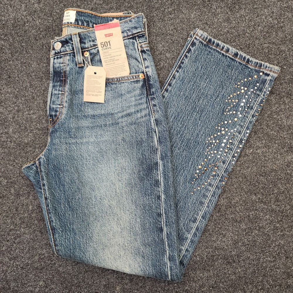 Levis 501 Womens 28x30 Curve Straight Leg Rhinestone Jeans Solargenic Blue Denim